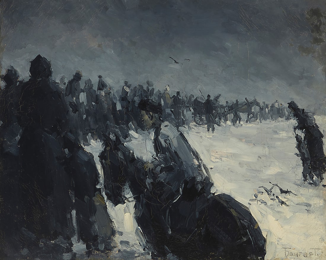 Sergei Bongart (1918-1985), Frontlines of a battle scene: Sergei Bongart (1918-1985) Frontlines of a battle scene Oil in grisaille on canvas With the incised signature in Cyrillic lower right: Bongart; signed again in Cyrillic, verso; inscribed "119" in ink