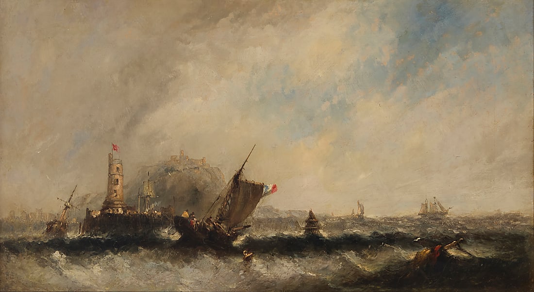 Clarkson Stanfield (1793-1867), Harbor scene with a fortress, a French ship, and other vessels (1 of 8)