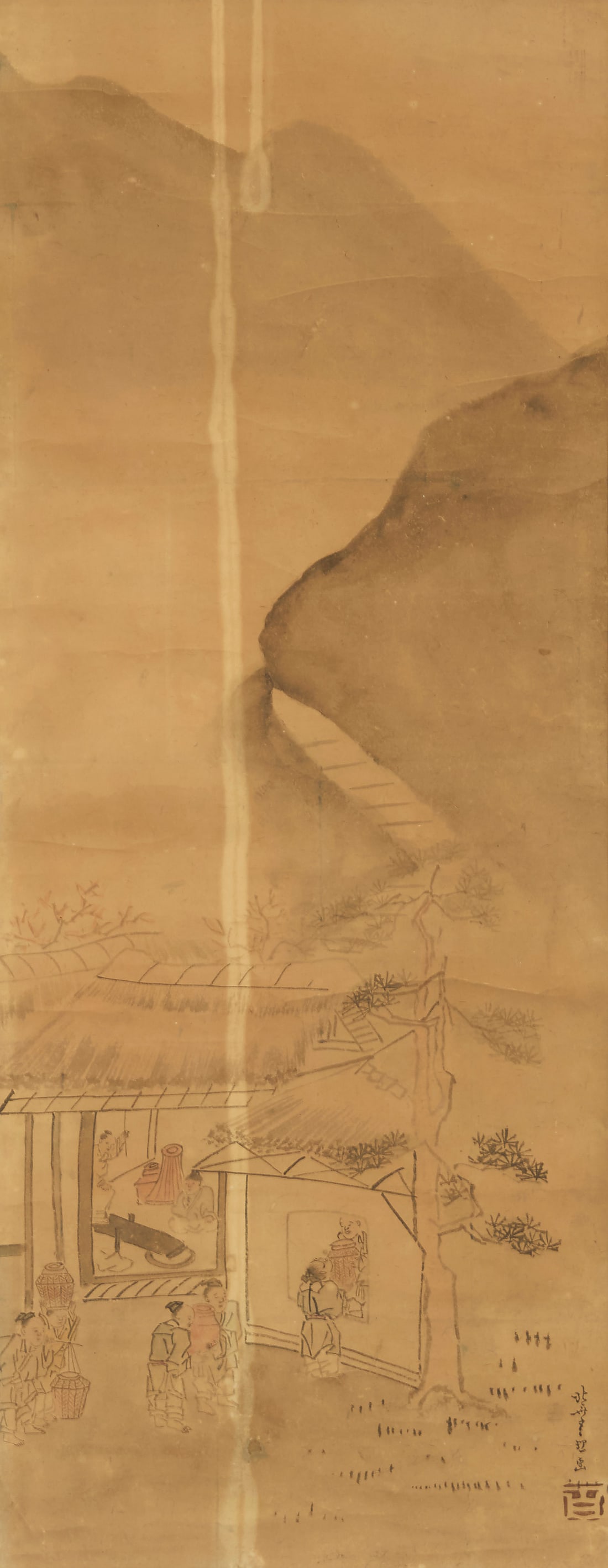 In the style of Katsushika Hokusai (1760-1849), Village scene: In the style of Katsushika Hokusai (1760-1849) Village scene Watercolor and ink on paper Bears signature and seal of the artist, presumably in another hand, in the lower portion of the right edge Sigh