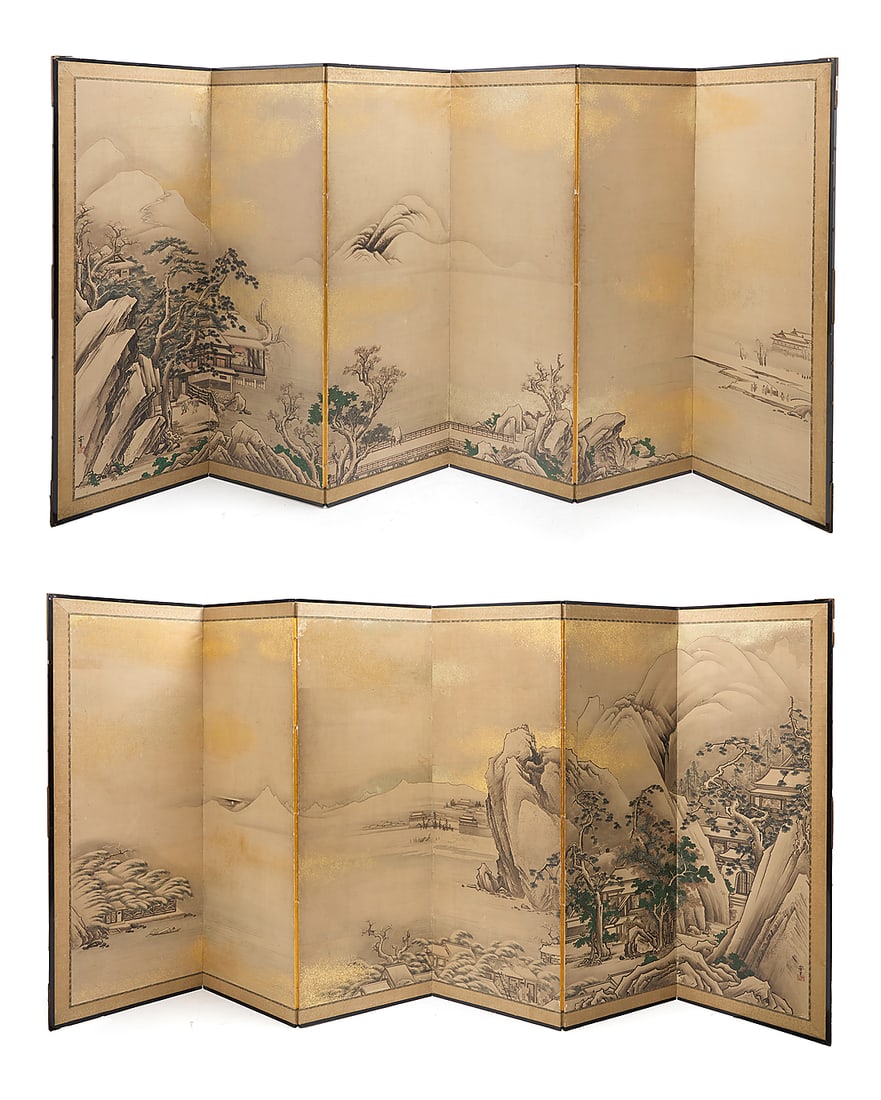 A pair of Japanese six panel byobu screens: A pair of Japanese six panel byobu screens 18th/19th century, Kano School, In the manner of Kano Sansetsu (1589-1651) Each bearing signature 'Sansetsu hitsu,' with one seal reading 'Jasokuen' Each