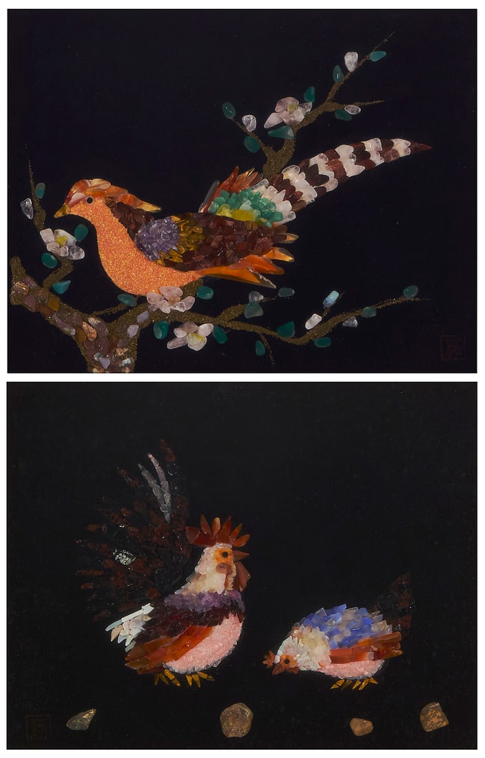 Two Japanese polished stone mosaics of birds: Two Japanese polished stone mosaics of birds Mid/late 20th century One signed lower right Comprising one depicting a rooster and hen, the other a pheasant on a tree branch 2 pieces Each sight: 12" H x