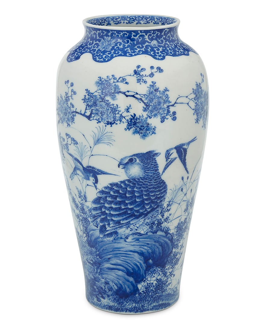 A Japanese Seto ware vase: A Japanese Seto ware vase Kawamoto Masukichi (1831-1907) The underside signed in blue underglaze, with an inscribed poem to shoulder Blue on white decorations, depicting waterfowl and other birds in