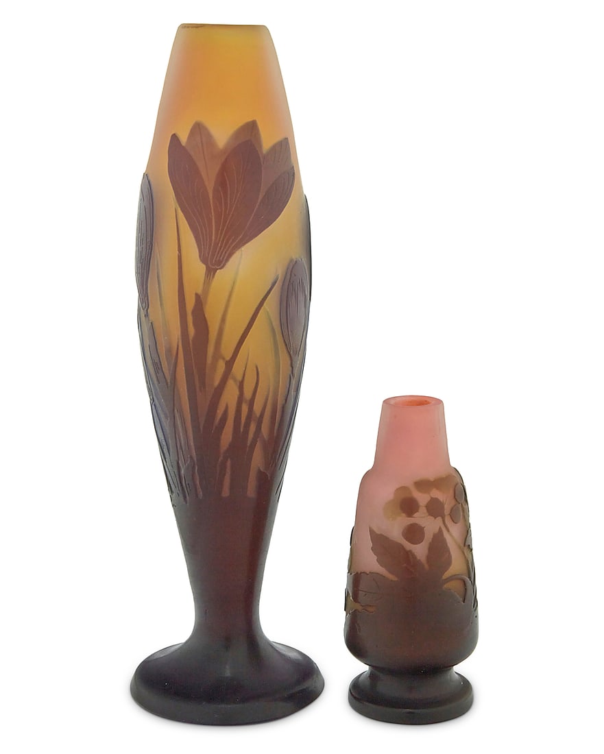 Two …mile Galle cameo glass vases: Two …mile Galle cameo glass vases Early 20th century Each signed in cameo: Galle The taller decorated with crocus, the bud vase depicting ivy leaves and berries 2 pieces Taller: 8.625" H x 2.625" Di