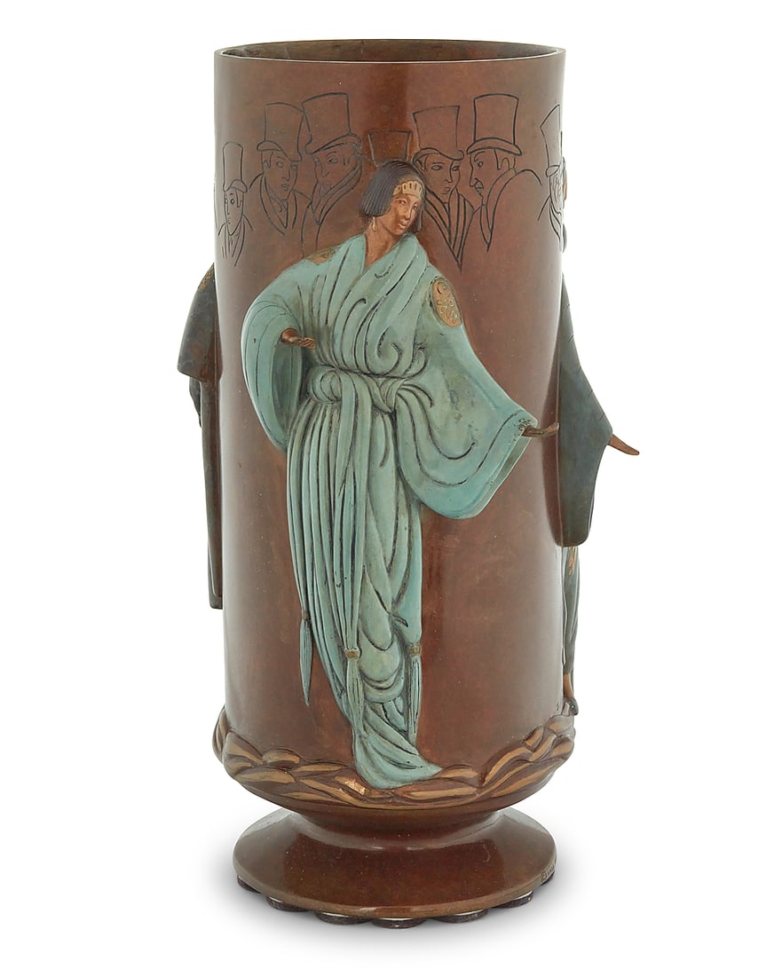 Romain (Erte) de Tirtoff (1892-1990), "Fantasy" vase, 1985: Romain (Erte) de Tirtoff (1892-1990) "Fantasy" vase, 1985 Patinated and cold-painted bronze Edition: 209/275 Signed in the casting near base: Erte; impressed date, edition, and foundry mark: © CON-KE