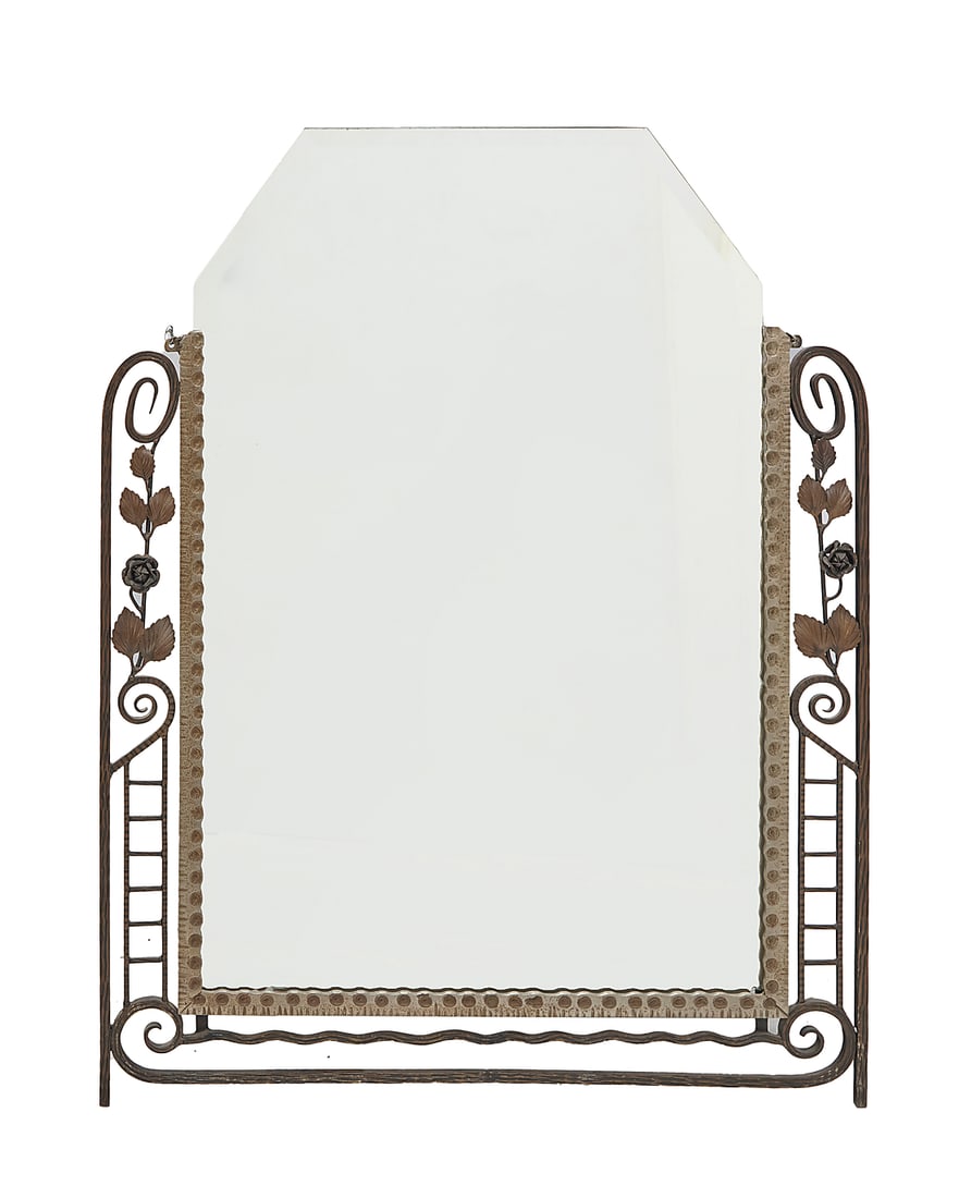 An Art Deco style wrought metal mirror: An Art Deco style wrought metal mirror 20th century In the manner of Edgar Brandt (1880-1960), with mixed metal frame depicting roses, foliate motifs, scrolls, and opposed ladders 45.75" H x 35" W x 1