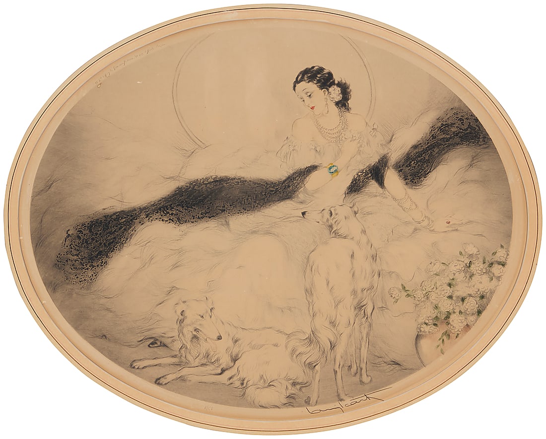 Louis Icart (1888-1950), "Lady of the Camelias (La Dame aux Camelias)," 1927: Louis Icart (1888-1950) "Lady of the Camelias (La Dame aux Camelias)," 1927 Drypoint, etching, and aquatint in colors with touches of hand coloring on wove paper From the edition of unknown size Signe