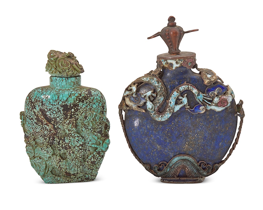 Two Chinese carved stone snuff bottles: Two Chinese carved stone snuff bottles Late Qing Dynasty (1644-1912) or later Comprising one carved turquoise bottle and a lapis lazuli bottle mounted with turquoise and enameled metal dragon accents 