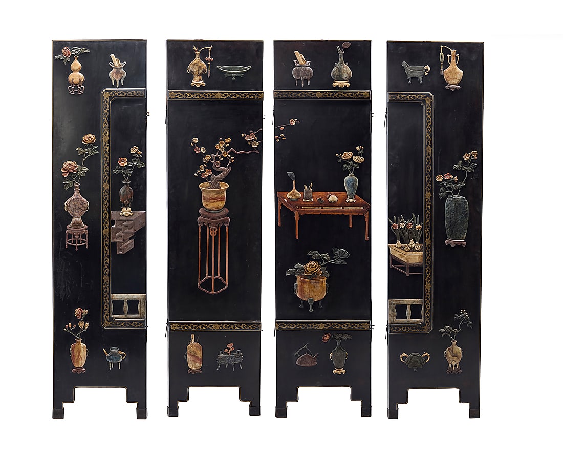 A Chinese hardstone-mounted four-panel 'One Hundred Antiques' screen (1 of 18)