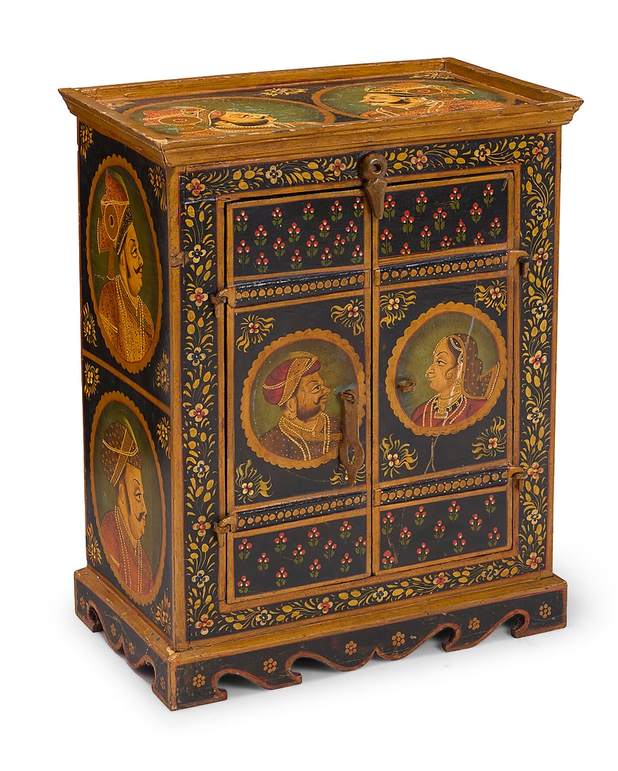 A Mughal Indo Persian polychrome wood cabinet: A Mughal Indo Persian polychrome wood cabinet Early 19th Century With two cabinet doors opening to reveal a single shelf, the front, sides, and top with hand painted portraits within a floral border 2