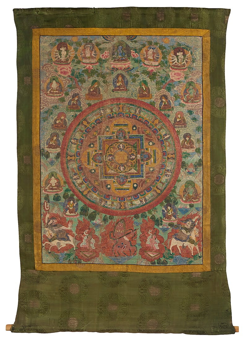 A Buddhist deity assembly mandala: A Buddhist deity assembly mandala 19th century or later, Tibet or greater Vajrayana diaspora The central geometric mandala panel depicting various Buddha figures, deities and scenes, all surrounded by