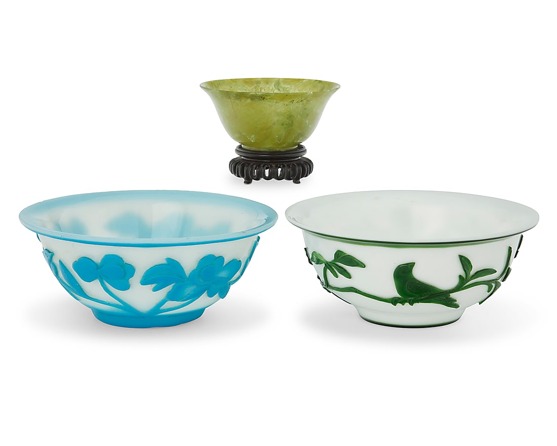 Two Chinese glass overlay bowls and a carved jade bowl (1 of 3)