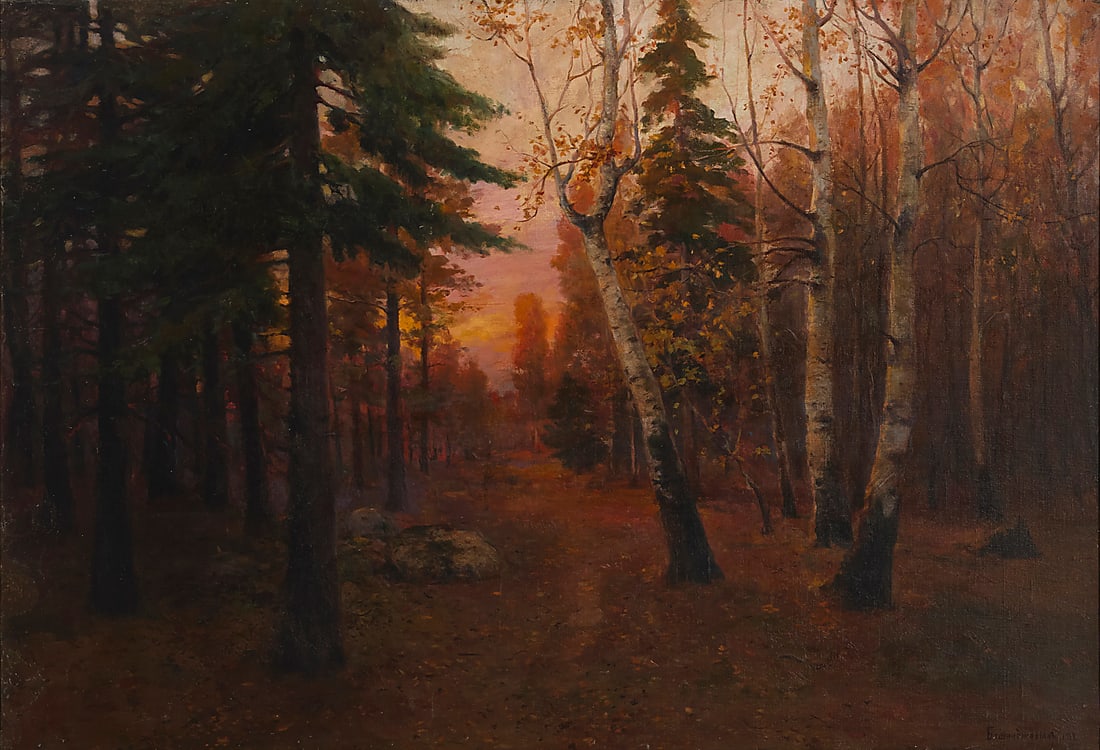 Gevorg Bashinjaghian (1857-1925), Forest landscape, 1912: Gevorg Bashinjaghian (1857-1925) Forest landscape, 1912 Oil on canvas laid to canvas Signed in Cyrillic and dated lower right: Bashinjaghian 1912 31.5" H x 45.5" W