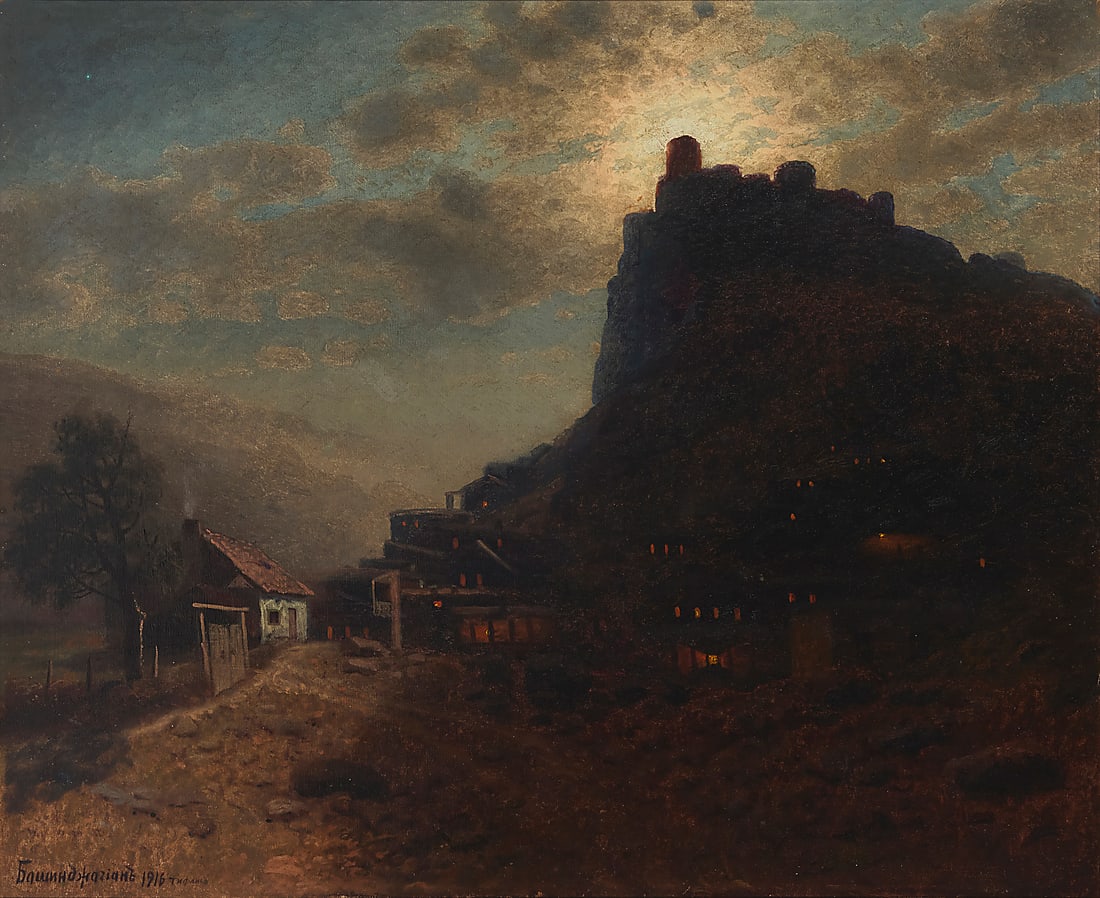 Gevorg Bashinjaghian (1857-1925), Hillside village, 1916: Gevorg Bashinjaghian (1857-1925) Hillside village, 1916 Oil on canvas laid to canvas Signed, dated, and inscribed in Cyrillic lower left: Bashinjaghian 1916 "Tiblisi" 33.5" H x 41" W