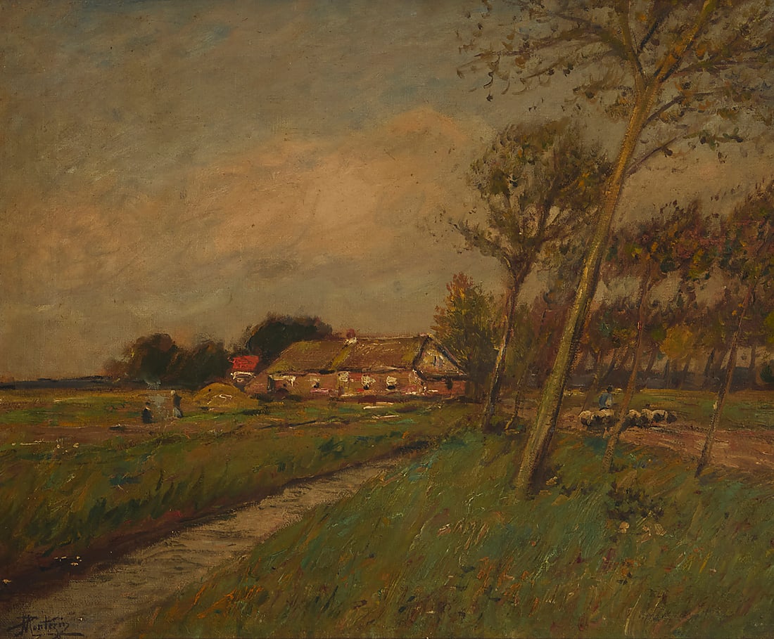 Pierre Eugene de Montezin (1874-1946), A farmhouse, sheep, and figures: Pierre Eugene de Montezin (1874-1946) A farmhouse, sheep, and figures Oil on canvas Signed lower left: P Montezin 18.125" H x 22" W