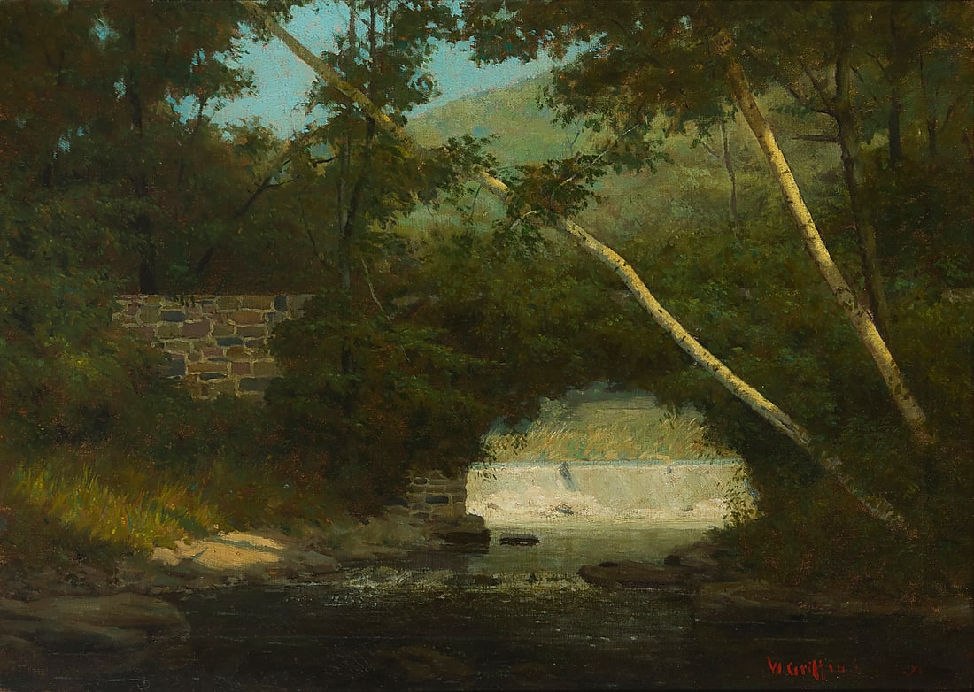 Walter Griffin (1861-1935), Stream through a verdant landscape, 1896: Walter Griffin (1861-1935) Stream through a verdant landscape, 1896 Oil on canvas laid to canvas Signed and dated lower right: W. Griffin 1896 20" H x 28" W Provenance: Private Estate, Californi