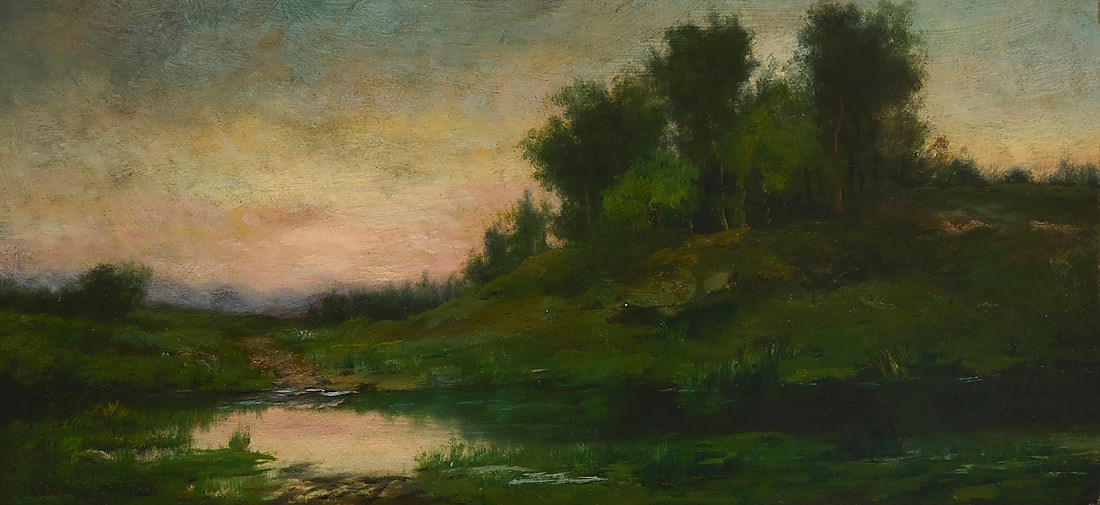 Karl Daubigny (1846-1886), Bucolic river scene: Karl Daubigny (1846-1886) Bucolic river scene Oil on mitered panel Signed lower left: Daubigny 9.5" H x 20" W Provenance: Sold: Thomaston Place Auction Galleries, Thomaston, ME, May 31, 2014, Lot 341