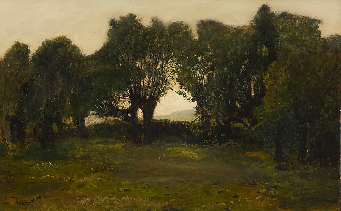 Louis Douzette (1834-1924), Trees in a landscape: Louis Douzette (1834-1924) Trees in a landscape Oil on panel Signed lower left: L. Douzette 10.25" H x 15.75"