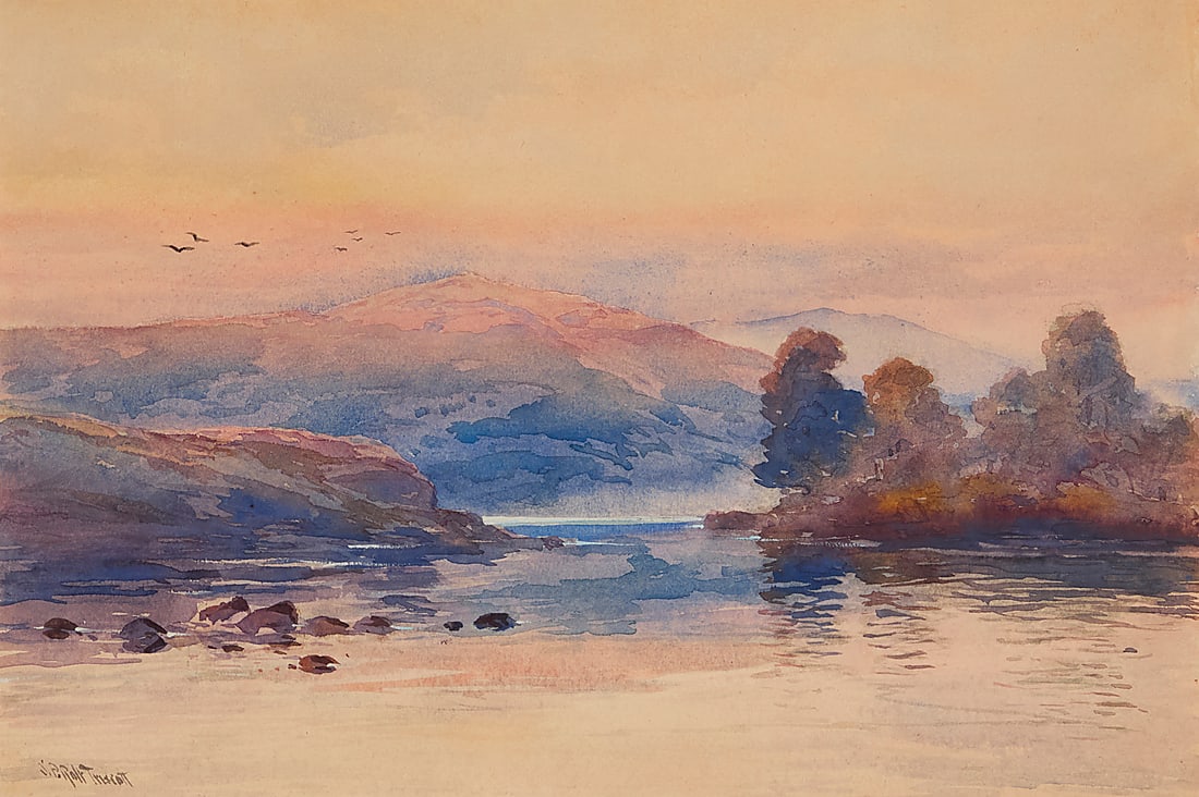 Samuel Peter Rolt Triscott (1846-1925), A lakeside landscape: Samuel Peter Rolt Triscott (1846-1925) A lakeside landscape Watercolor on paper Signed lower left: S.P. Rolt Triscott Sight: 9.25" H x 13.75" W