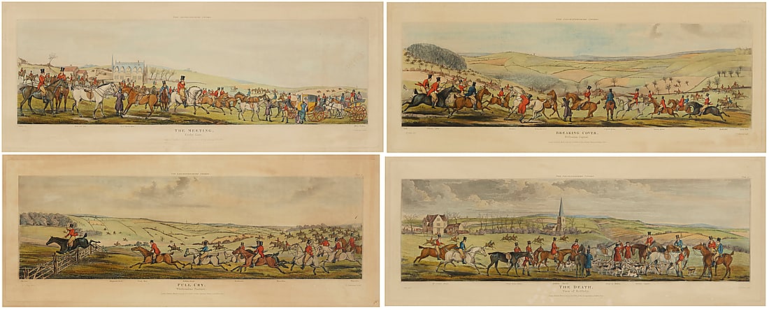 After Henry Thomas Alken (1785-1851), "The Leicestershire Covers," by Thomas Sutherland, 1824: After Henry Thomas Alken (1785-1851) "The Leicestershire Covers," by Thomas Sutherland, 1824 The complete set of four aquatints and engraving with hand-coloring on paper Four works: Each from the edit