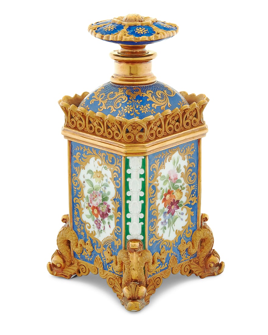 A Jacob Petit porcelain scent bottle and stopper: A Jacob Petit porcelain scent bottle and stopper Jacob Petit (1797-1868), circa 1840 Signed in blue underglaze: JP With an openwork gallery to shoulder above the body painted with gilt foliate accents