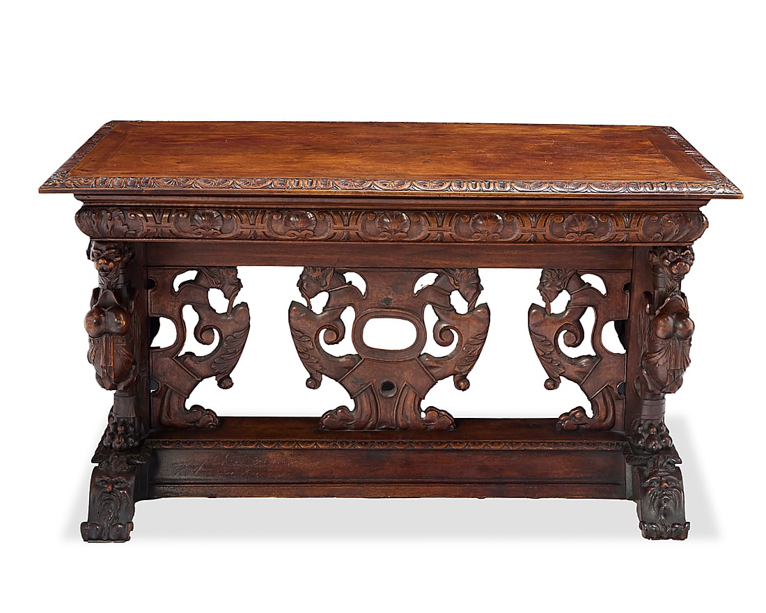 A Renaissance style carved walnut library table - 5