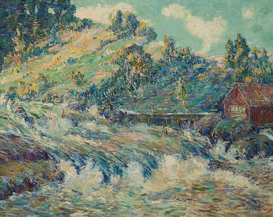 William Henry Singer Jr. (1868-1943), House near a waterfall: William Henry Singer Jr. (1868-1943) House near a waterfall Oil on canvas Signed lower right. W.H. Singer. Jr. 32.25" H x 40.75" W Provenance: Estate of the artist Private Estate, Californi