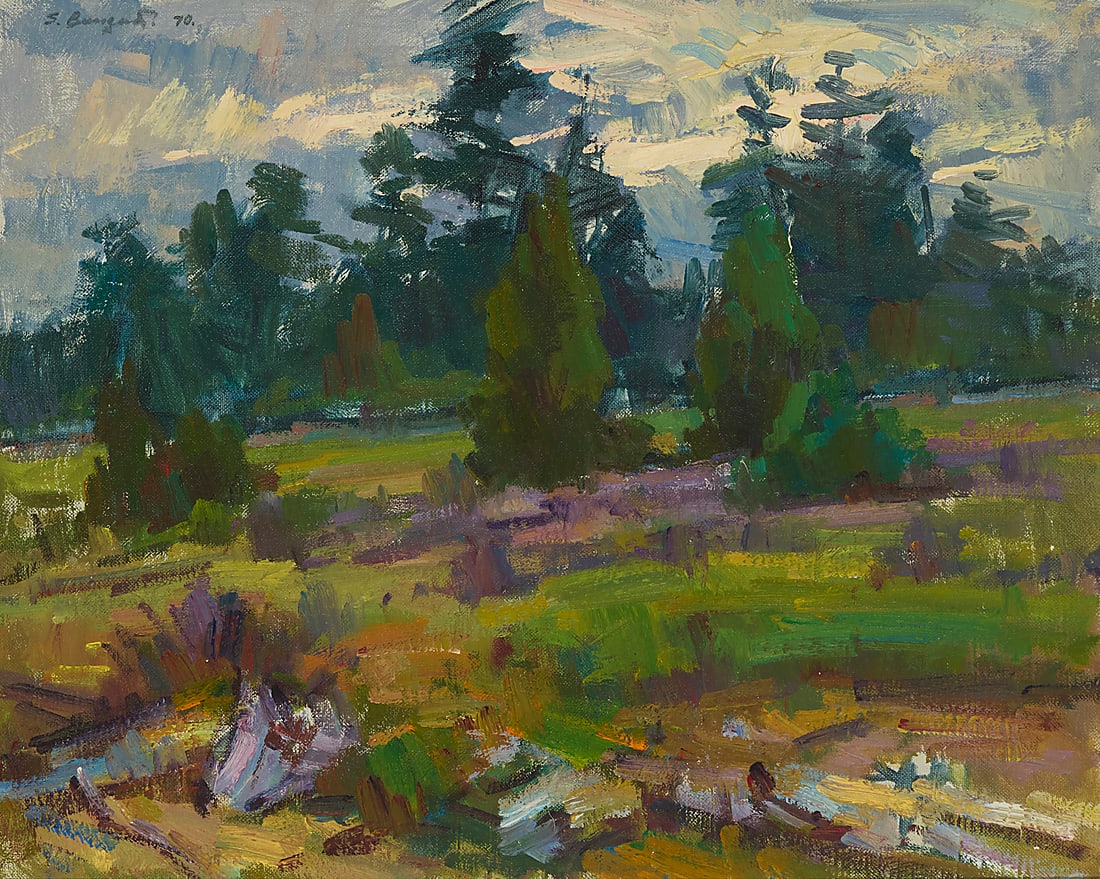 Sergei Bongart (1918-1985), Landscape with trees, 1970: Sergei Bongart (1918-1985) Landscape with trees, 1970 Oil on canvas Signed and dated upper left: S. Bongart 70.; signed again verso: Sergei Bongart. 24" H x 30" W Provenance: The Estate of Serge