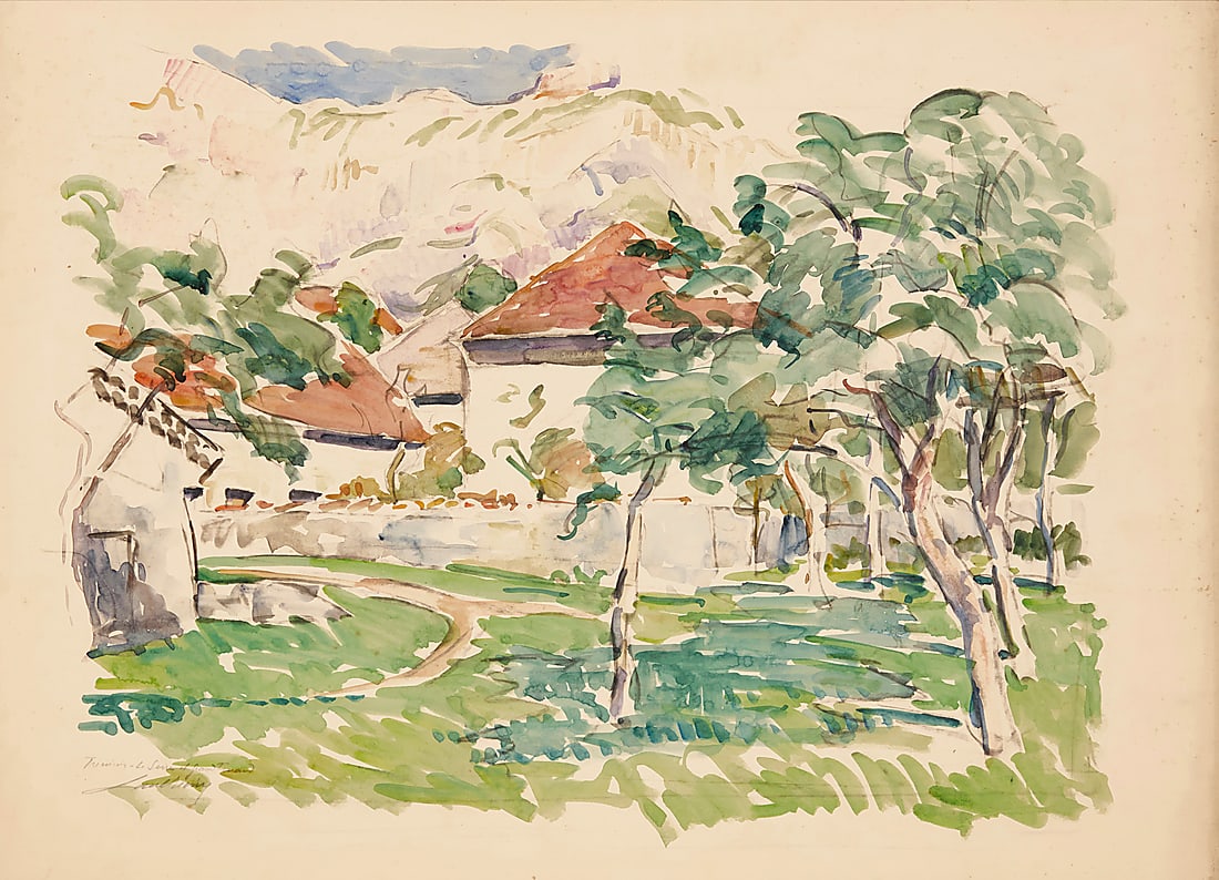 Paul Rivoire (1902-1984), "Triminis - Le Serre et Grand Ferrand" (Village near Triminis, The: Paul Rivoire (1902-1984) "Triminis - Le Serre et Grand Ferrand" (Village near Triminis, The Greenhouse and Grand Ferrand) Watercolor on paper Signed and titled lower left: Paul Rivoire Sight: 18" H x 