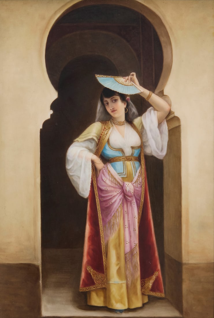A German painted porcelain Orientalist portrait plaque: A German painted porcelain Orientalist portrait plaque Early 20th century Possibly KPM, depicting a robed woman posing with a fan in a keyhole doorway Sight: 8.75" H x 5.875" W