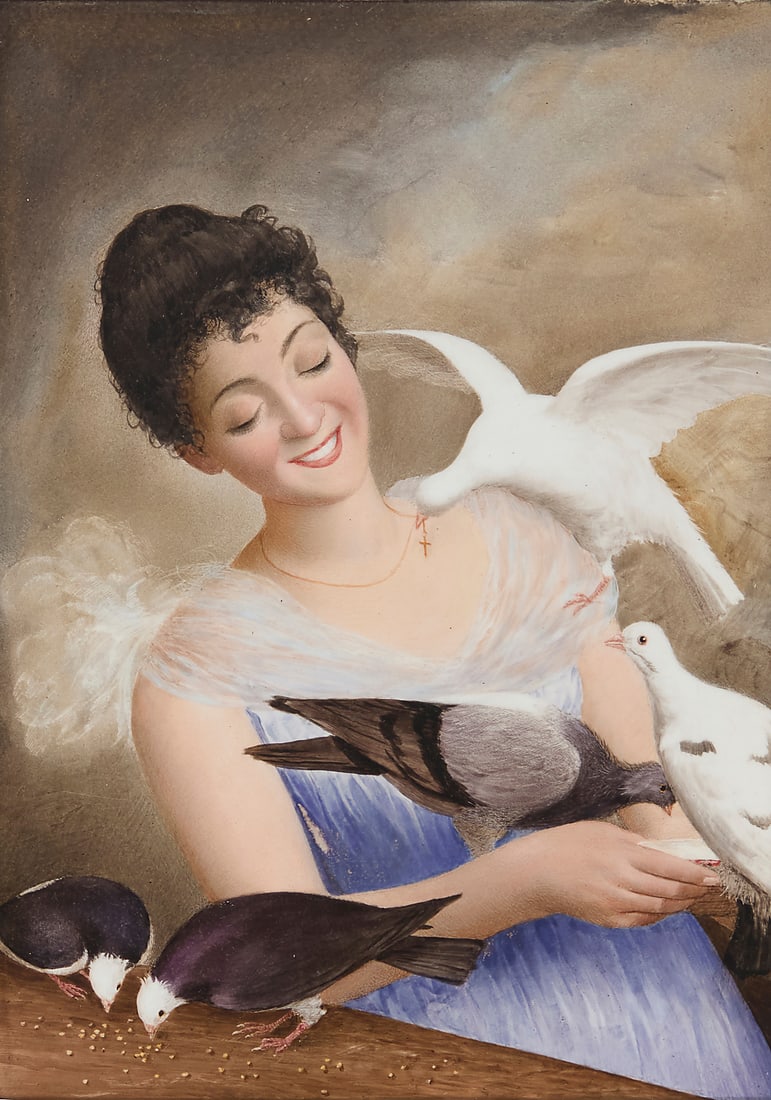 A painted porcelain plaque in Florentine style giltwood frame: A painted porcelain plaque in Florentine style giltwood frame 19th century Depicting a woman in a blue dress playing with pigeons Sight: 9.5" H x 6.5" W