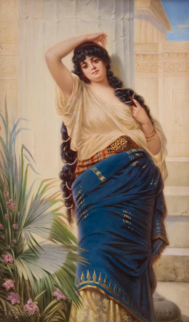 A KPM painted porcelain portrait plaque: A KPM painted porcelain portrait plaque Late 19th century After the etching "A Princess of Cypress" (1889) by Nathaniel Sichel (1843-1907) Impressed verso: [scepter] KPM / Sz; incised: S330-200; title