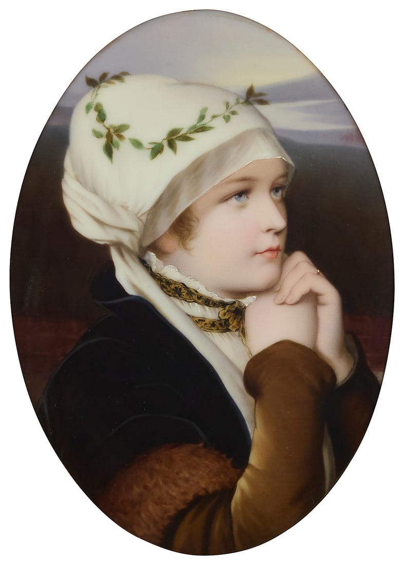 A German painted porcelain portrait plaque: A German painted porcelain portrait plaque Possibly KPM, late 19th/early 20th century After "Im Gebet" by artist Friedrich August von Kaulbach (1850-1920), set in a giltwood frame within a velvet-line