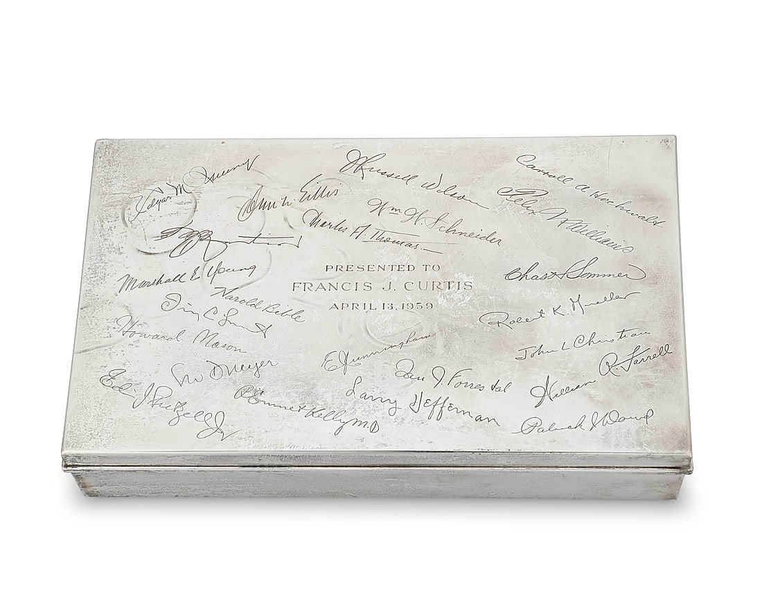 A Tiffany & Co. sterling silver presentation cigar box: A Tiffany & Co. sterling silver presentation cigar box Mid-20th century With impressed factory marks and: STERLING SILVER / 22358 / L [directorship of William T. Lusk (1956-1965)] The hinged lid