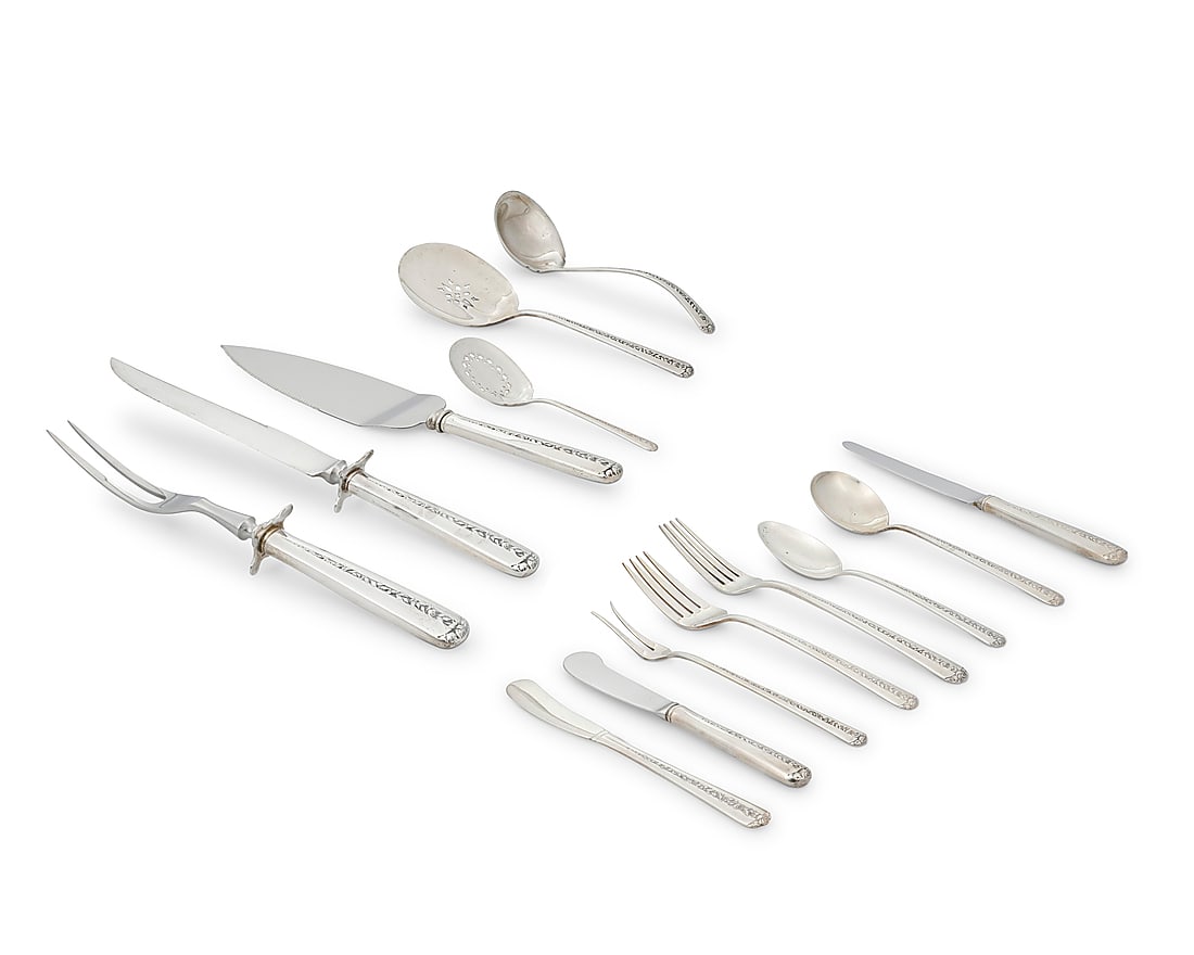 A Towle sterling silver 'Rambler Rose' flatware service: A Towle sterling silver 'Rambler Rose' flatware service Mid/late 20th century Designed 1937 Each marked for maker, pattern, and sterling; each monogrammed Comprising: 16 dinner knives (8.75") 14 butte
