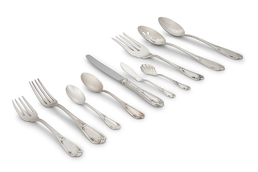 A sterling silver partial flatware set: A sterling silver partial flatware set Late 20th century Each marked: WALLACE © STERLING Comprising: 10 dinner knives (10") 10 dinner forks (8.125") 10 salad forks (7.125") 9 oval soup spoons (6.75")