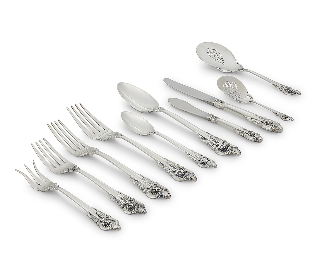 A Wallace sterling silver 'Grand Baroque' flatware service: A Wallace sterling silver 'Grand Baroque' flatware service Late 20th century Designed 1941 Each marked for maker and sterling Comprising: 12 dinner knives (9") 12 dinner forks (7.5") 12 salad forks