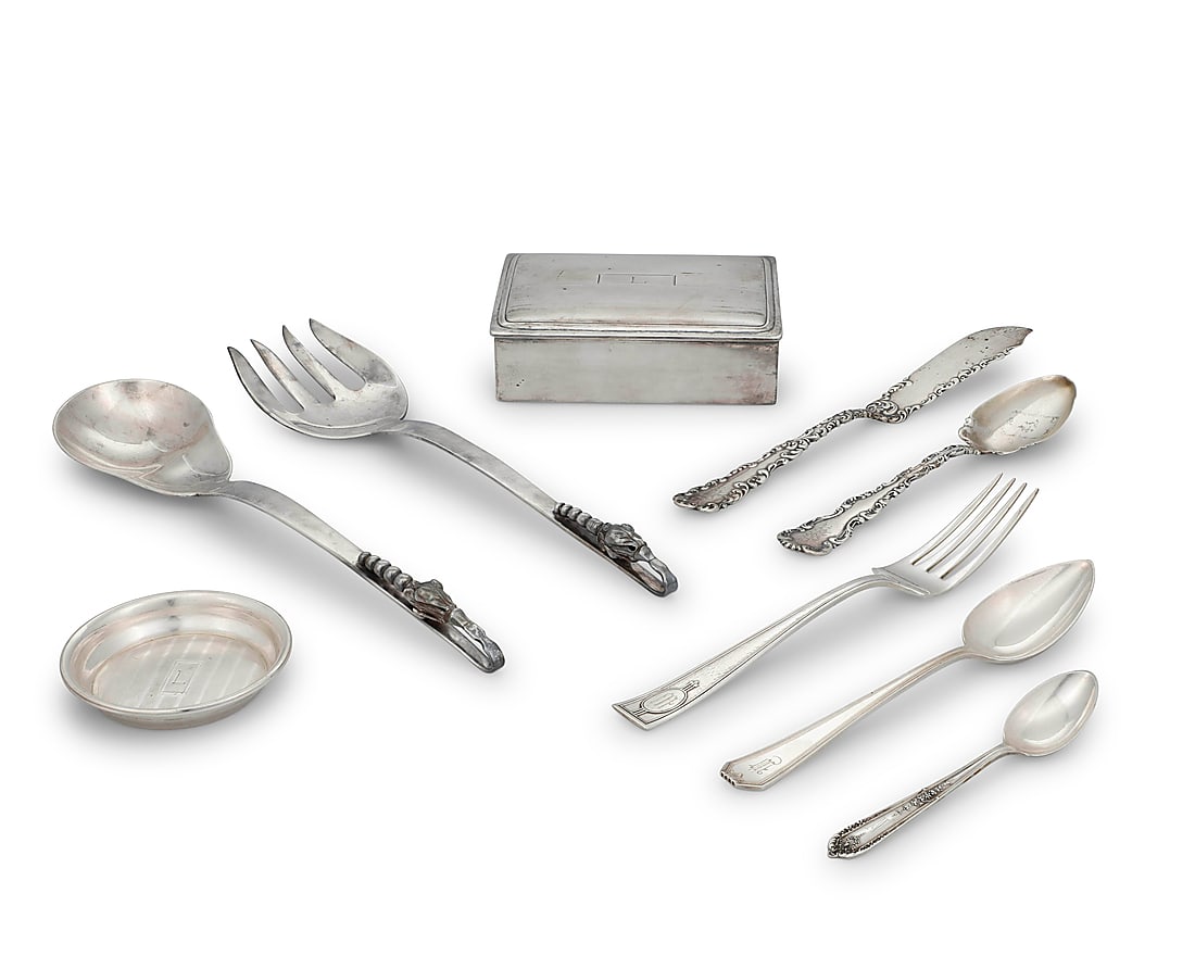 A group of sterling silver flatware and table articles: A group of sterling silver flatware and table articles 20th century Each marked for sterling, most marked for maker; most monogrammed Comprising: 12 Wallace dinner/luncheon forks (6.875") 12 Whiting g