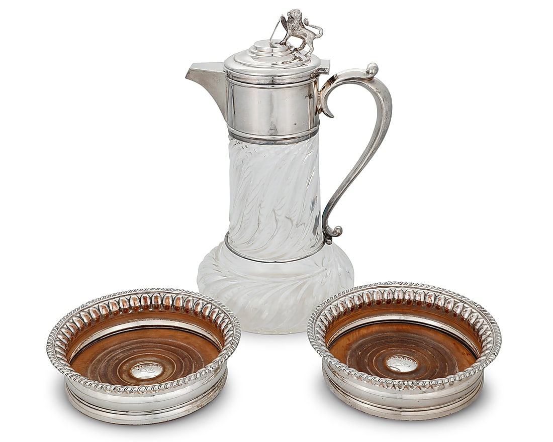 An English silver plated and glass claret jug and two coasters (1 of 6)