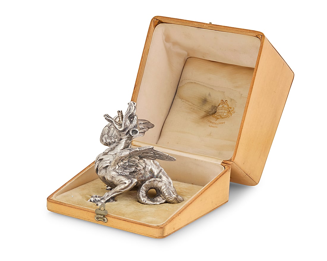 A Faberge ruby set silver dragon table lighter - 7