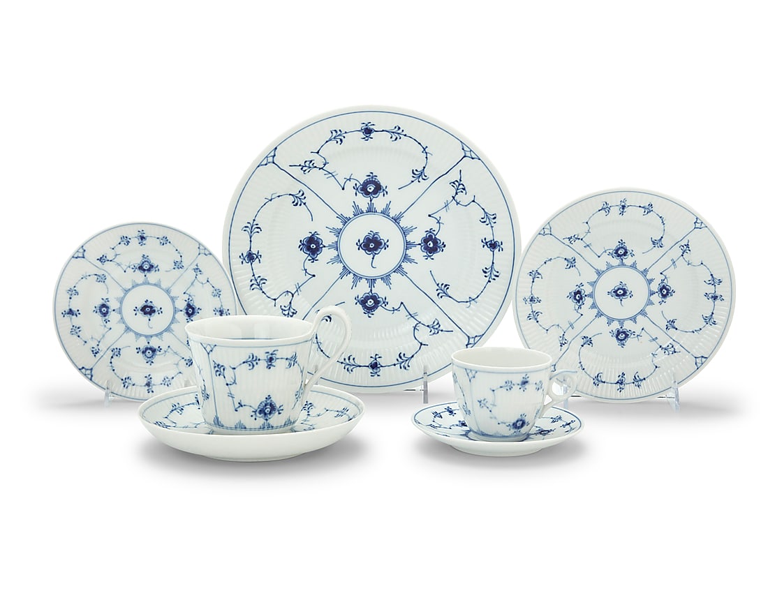 A Royal Copenhagen porcelain 'Blue Fluted Plain' dinner service: A Royal Copenhagen porcelain 'Blue Fluted Plain' dinner service 1950s/60s Each with green printed factory mark above underglaze blue wave and green painted pattern '1' over shape number Comprising: