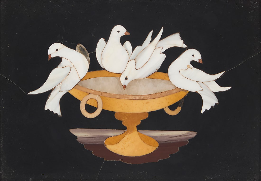An Italian pietra dura plaque: An Italian pietra dura plaque Early 20th century Depicting four doves on a water basin Sight: 3" H x 4.5" W