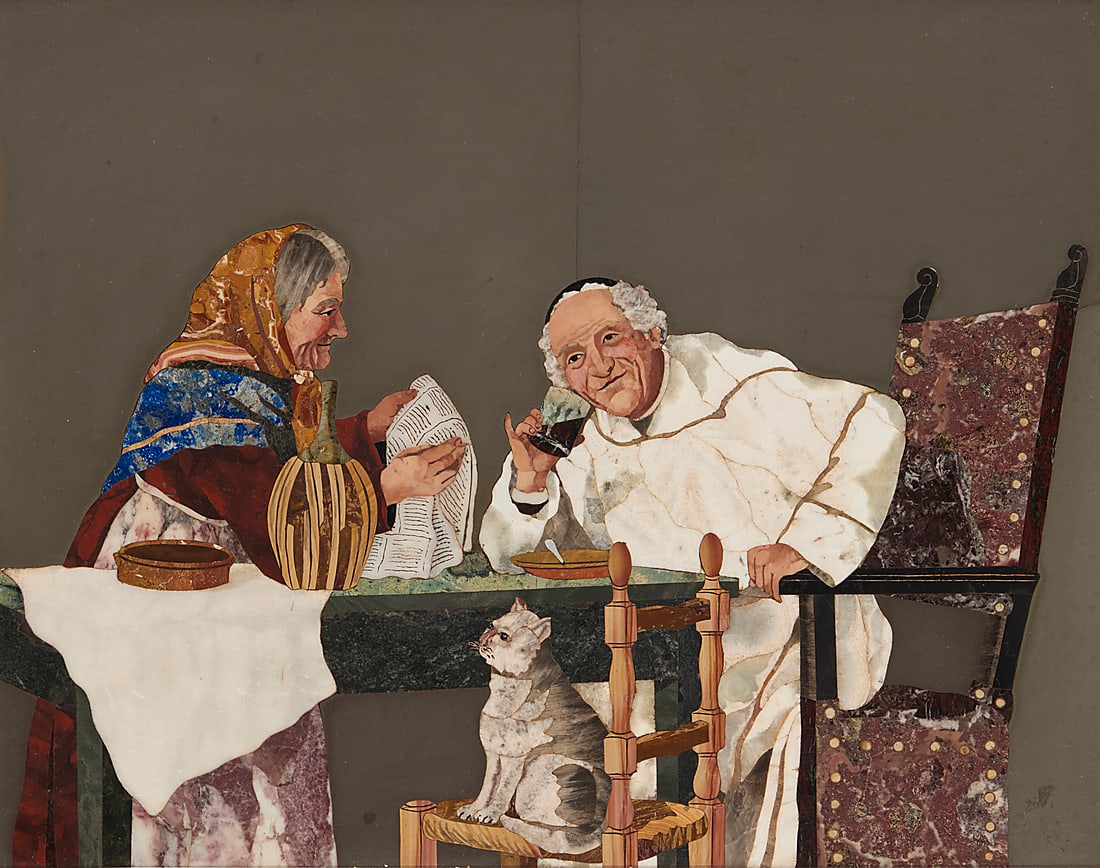 An Italian pietra dura plaque: An Italian pietra dura plaque Early 20th century Possibly signed verso: W D Gregory Depicting a cleric and a woman reading the newspaper, seated at a table, with a grey tabby cat looking on Plaque: