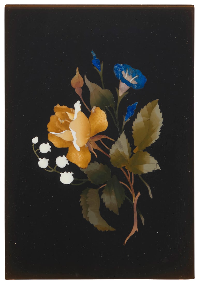 An Italian pietra dura floral plaque: An Italian pietra dura floral plaque 20th century Depicting a rose and lily of the valley, mounted within a shadowbox frame Plaque: 6" H x 4.125" W