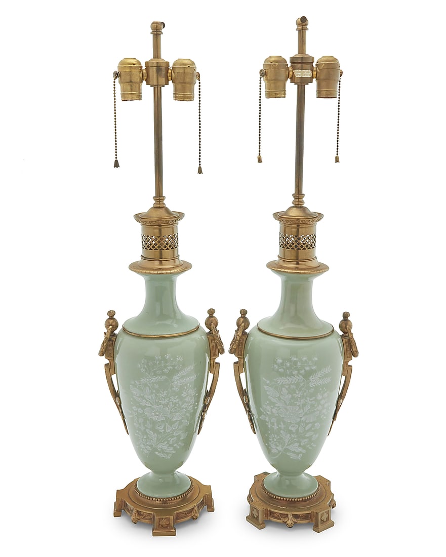A pair of brass mounted p‚te-sur-p‚te porcelain lamps (1 of 5)