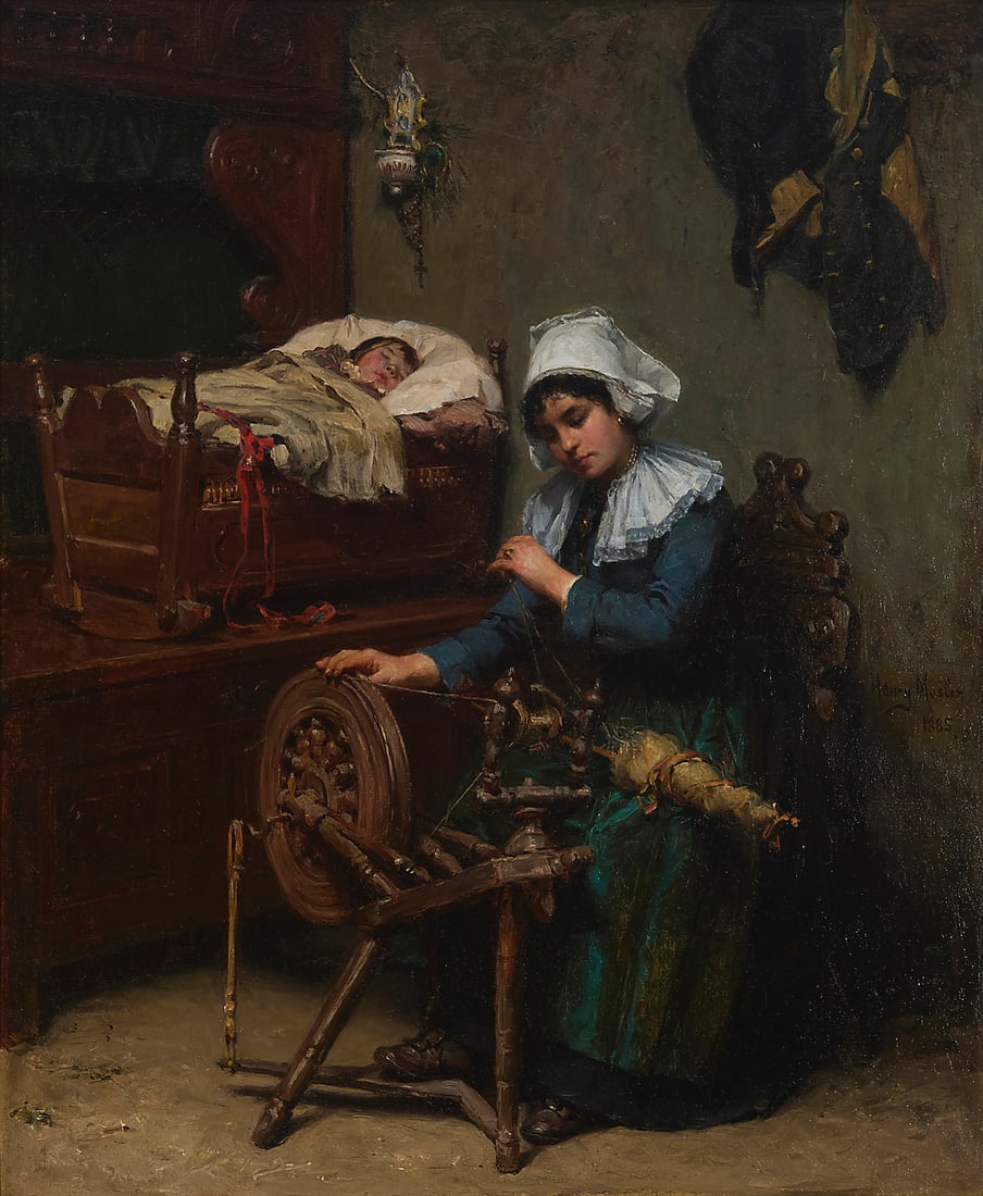 Henry Mosler (1841-1920), "Spinning Wheel," 1885: Henry Mosler (1841-1920) "Spinning Wheel," 1885 Oil on canvas laid to Masonite Signed and dated center right: Henry Mosler. / 1885.; titled on a gallery label affixed verso 26.875" H x 22.25" W