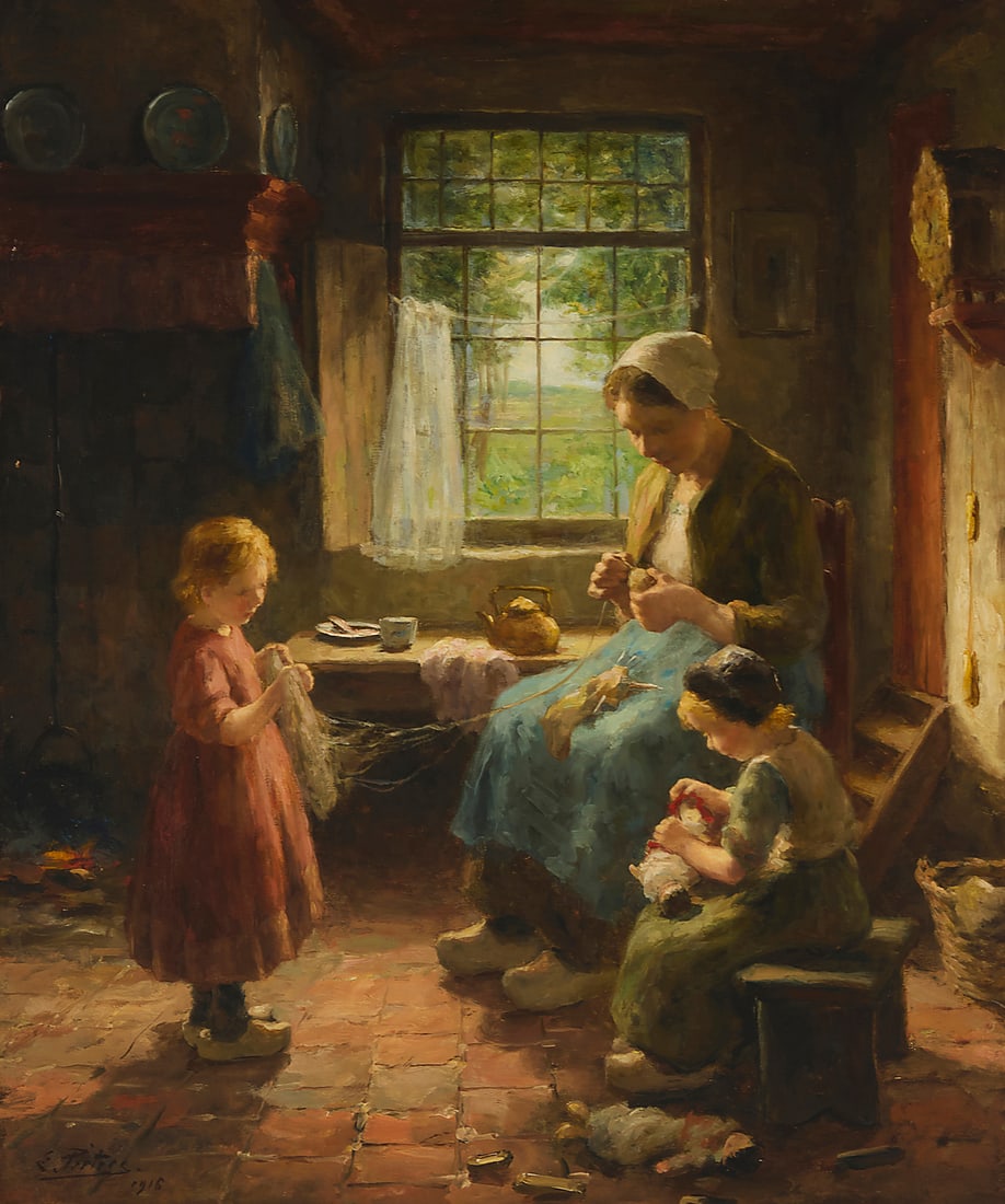 Evert Pieters (1856-1932), "Mother and Daughters Making Yarn," 1916: Evert Pieters (1856-1932) "Mother and Daughters Making Yarn," 1916 Oil on canvas Signed and dated lower left: E. Pieters / 1916; titled on a typed label affixed to the frame's verso 30" H x 25" W