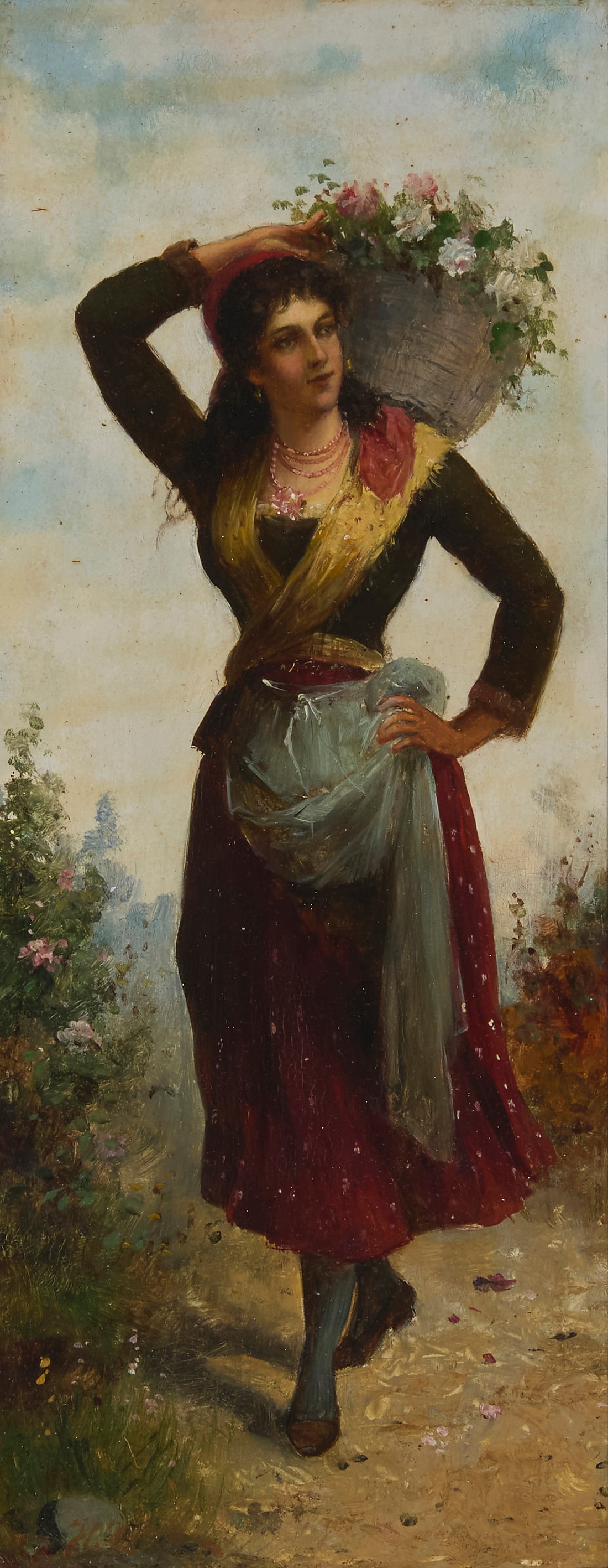 Hans Zatzka (1859-1945), Woman carrying a basket of flowers: Hans Zatzka (1859-1945) Woman carrying a basket of flowers Oil on panel Signed lower left: H. Zatzka; variously inscribed in pencil, presumably in another hand, all verso 11.75" H x 4.625" W
