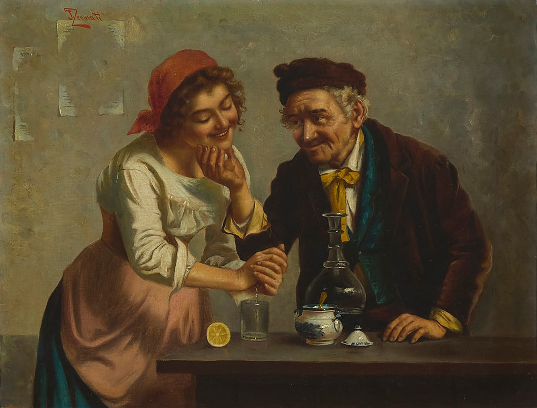 Jules Zermati (1880-1920), "Tavern Flirtation": Jules Zermati (1880-1920) "Tavern Flirtation" Oil on canvas laid to canvas Signed upper left: J. Zermati; titled by repute 17.75" H x 23" W Provenance: Private Estate, California