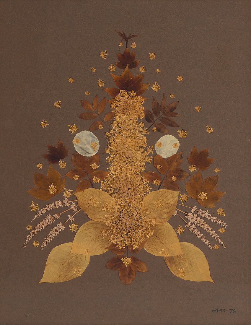 Grace Kelly (1929-1982), Pressed flower composition, 1976: Grace Kelly (1929-1982) Pressed flower composition, 1976 Plant specimens Signed with initials and dated lower right: GPK - 76 Including Queen Anne's lace, lavender, and rose leaves, and maple leaves