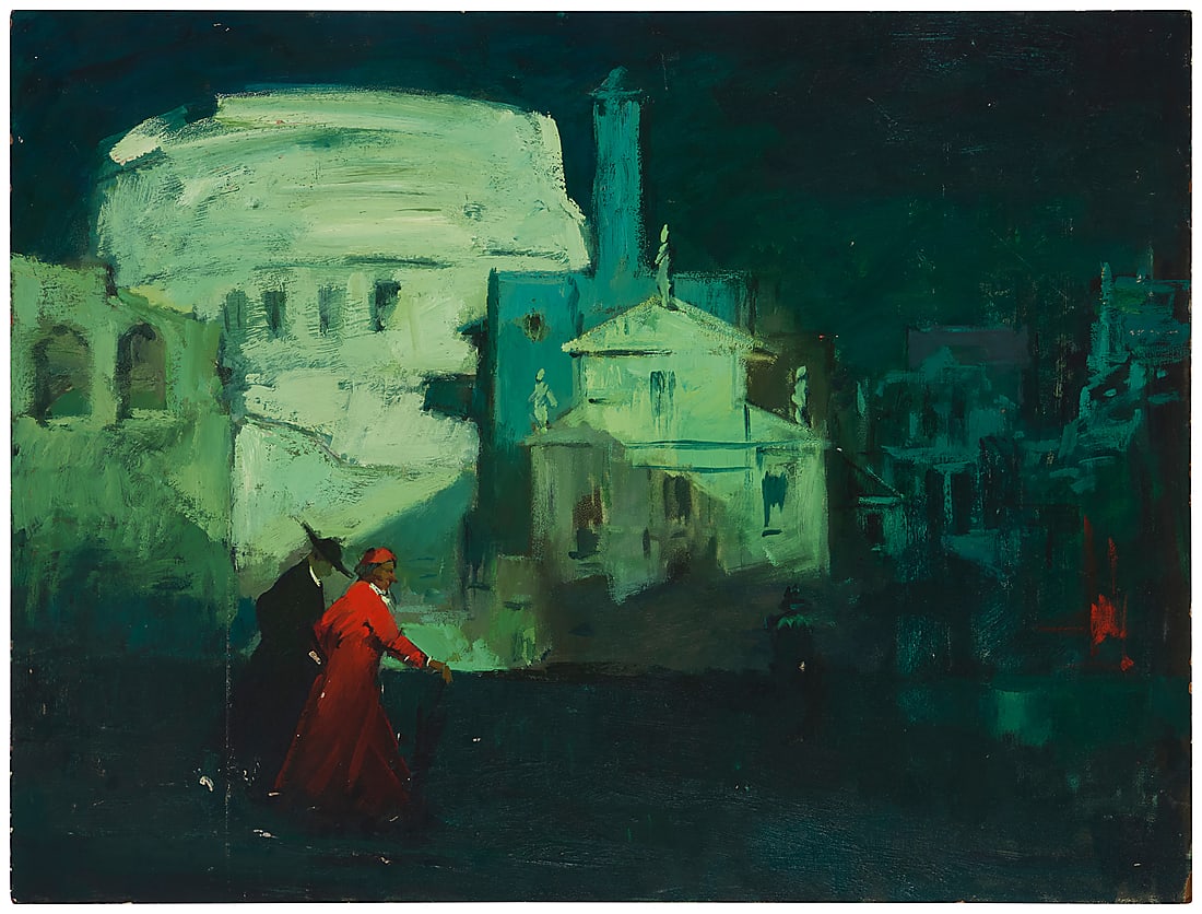 Sergei Bongart (1918-1985), A cardinal and priest walking in Vatican City: Sergei Bongart (1918-1985) A cardinal and priest walking in Vatican City Oil on Masonite Unsigned 36" H x 48" W Provenance: The Estate of Sergei Bongart